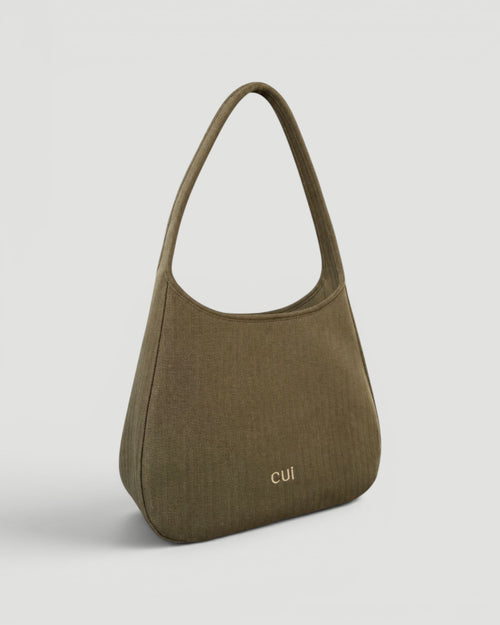 Maye Canvas-Schultertasche in Olive, Vorderansicht schräg