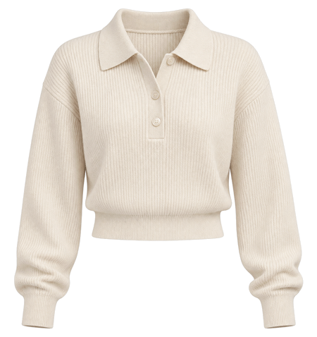 Ecrufarbener Rippstrick-Pullover mit Polokragen