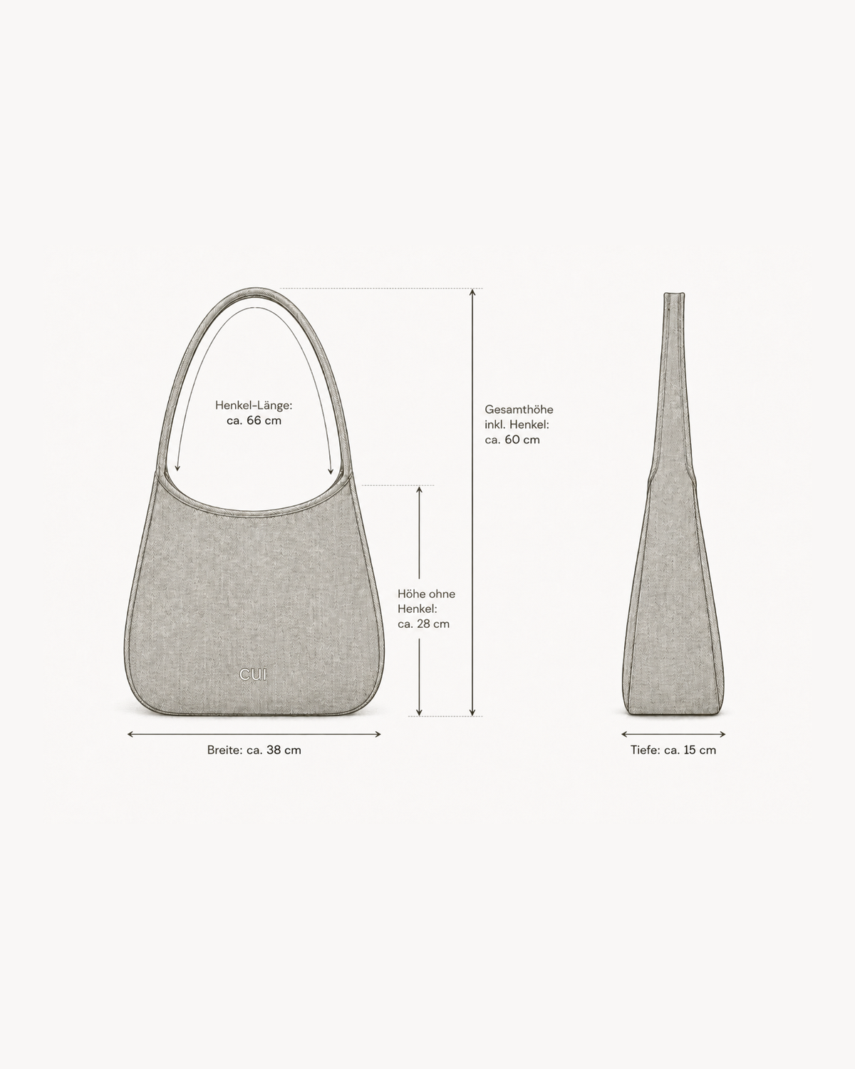 Maye Canvas-Schultertasche, Maßgrafik mit allen Maßen