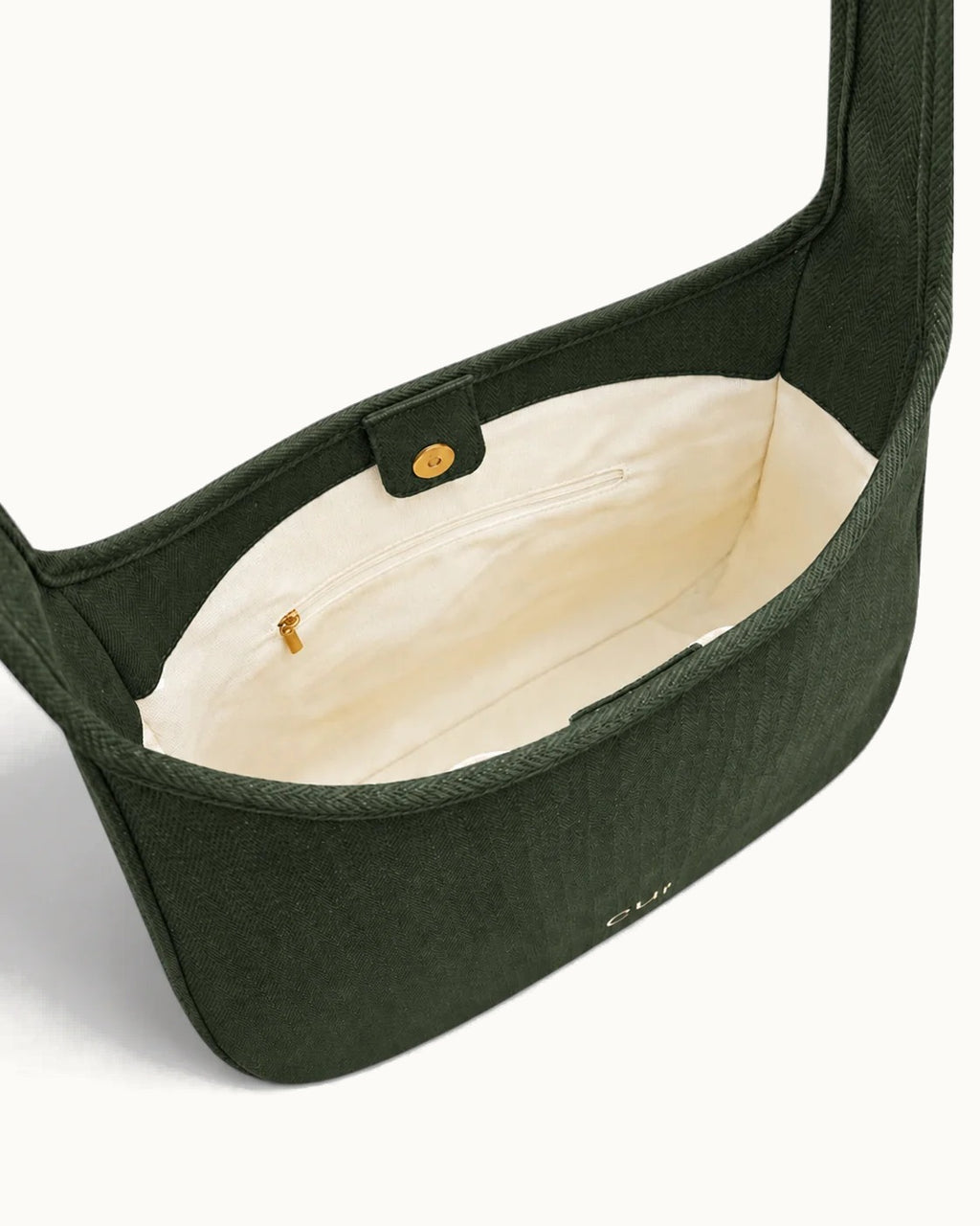 Maye Canvas-Schultertasche in Olive, Innenansicht