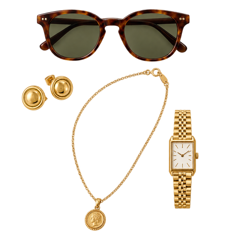 Sonnenbrille und goldene Accessoires