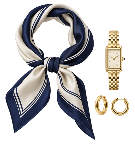Marinefarbener Seidenschal und Goldschmuck