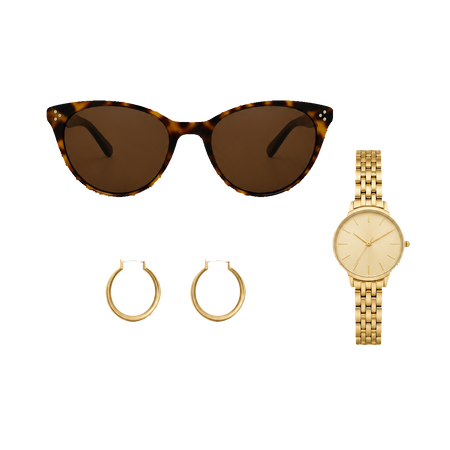 Sonnenbrille, Goldcreolen und Uhr