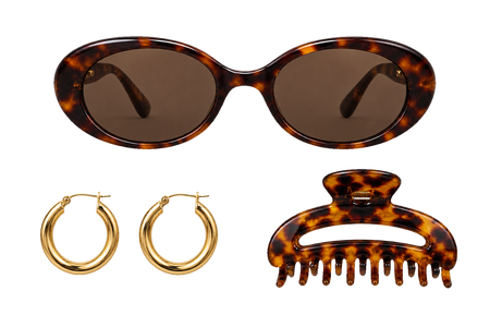 Schildpatt-Sonnenbrille, Goldcreolen und Haarclip