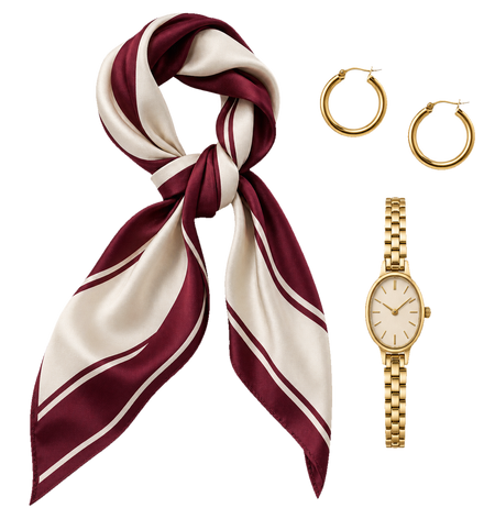 Burgunderfarbener Seidenschal und Goldschmuck